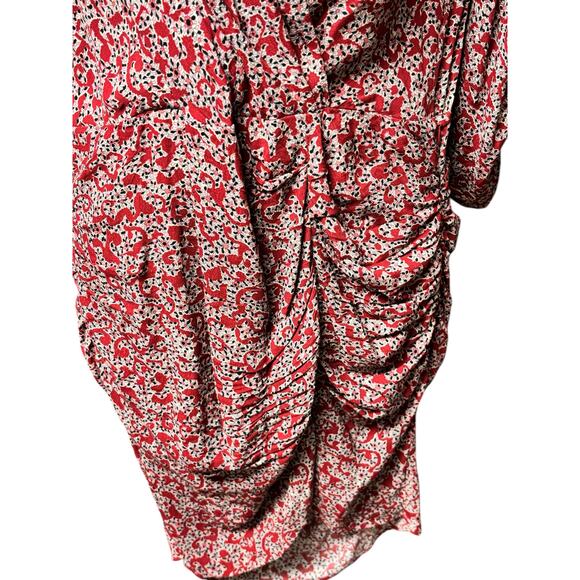 Ba&Sh Printed Crystal Mini Wrap Dress Sz 10 Carmine Ruched Puff Sleeves Cocktail - Picture 3 of 7